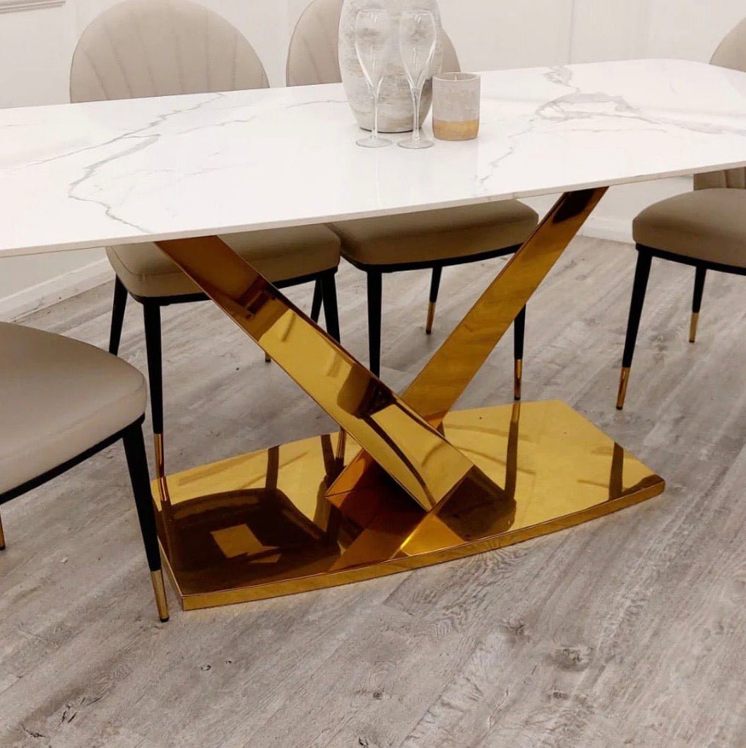 Brand New Valeo Gold 1.8m Dining Table with Polar White Sintered Stone Top - The Outlet Home