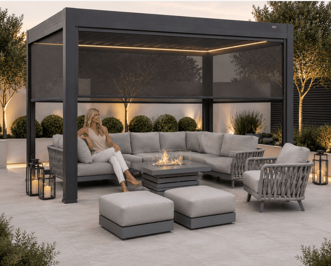 Cosmo Premium Aluminium Pergola 4x3m (approx 13ft x 10ft) LED Lights, 4 x windproof retractable sides + 5 year warranty + free delivery - The Outlet Home