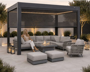 Cosmo Premium Aluminium Pergola 4x3m (approx 13ft x 10ft) LED Lights, 4 x windproof retractable sides + 5 year warranty + free delivery - The Outlet Home