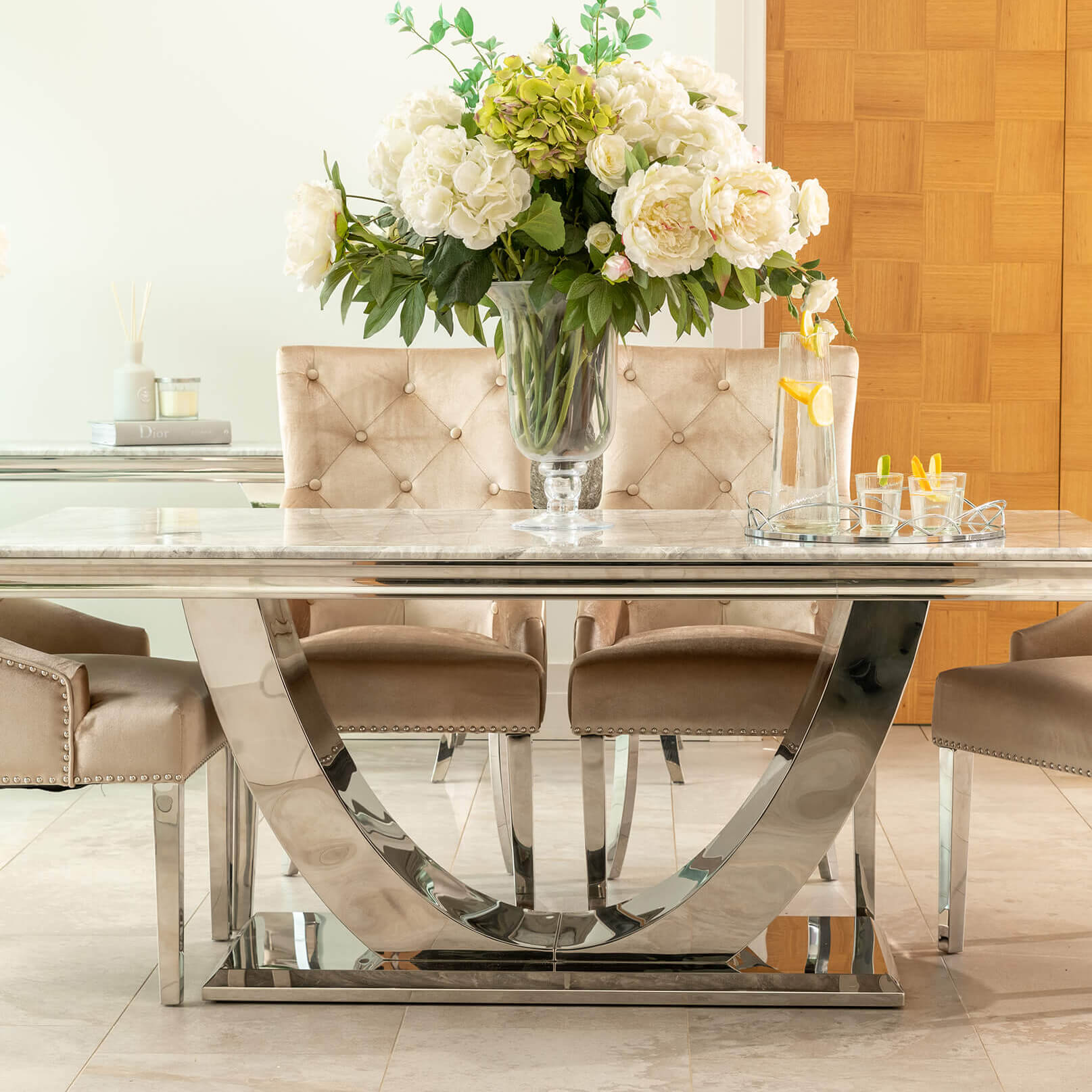 Denver 1.8m Grey Marble Dining Table with 4 or 6 Cheshire Chairs Champagne - The Outlet Home
