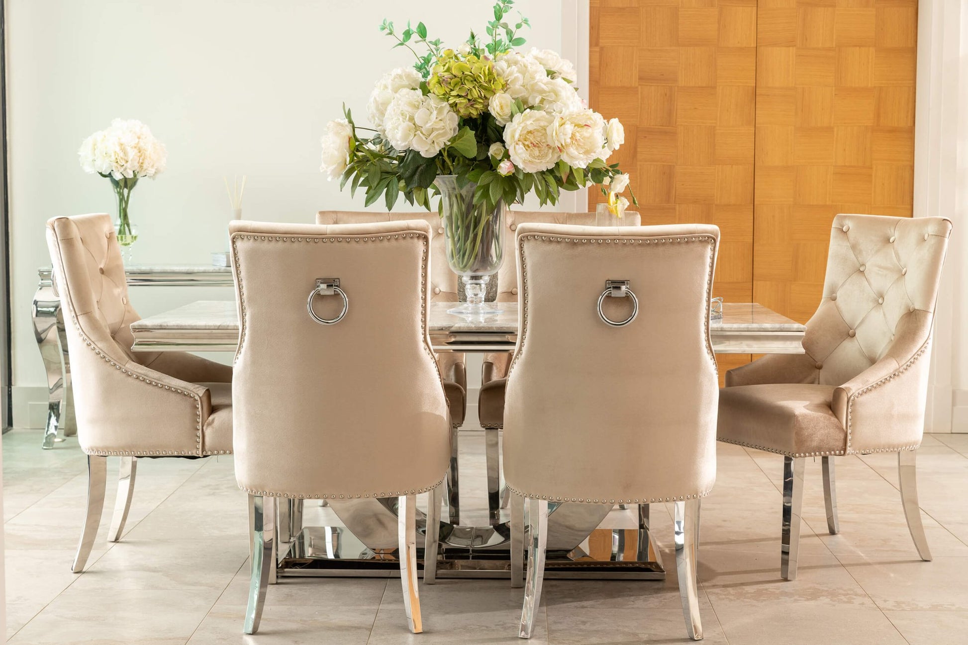 Denver 1.8m Grey Marble Dining Table with 4 or 6 Cheshire Chairs Champagne - The Outlet Home