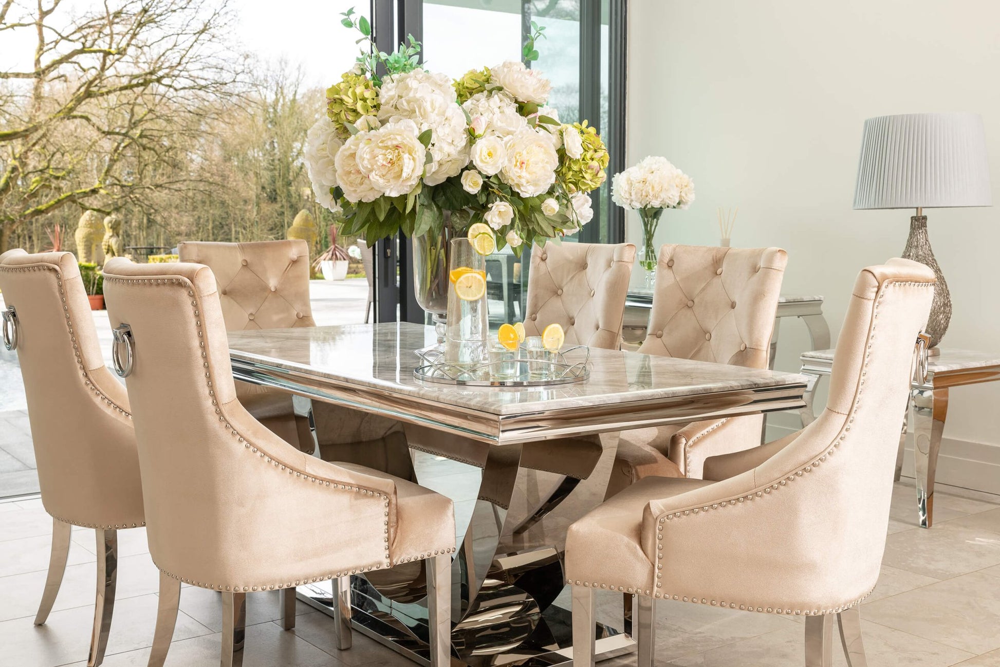 Denver 1.8m Grey Marble Dining Table with 4 or 6 Cheshire Chairs Champagne - The Outlet Home