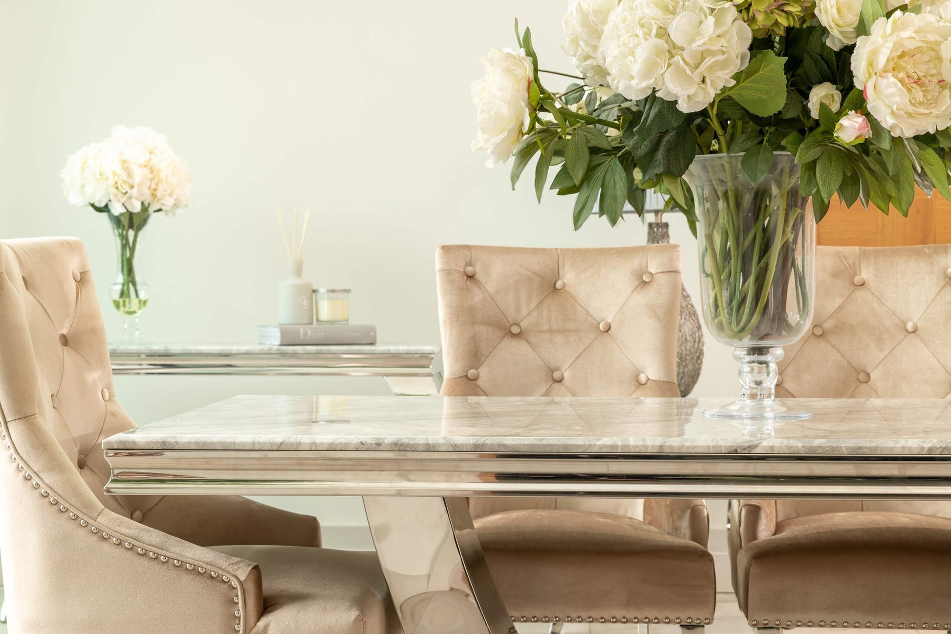 Denver 1.8m Grey Marble Dining Table with 4 or 6 Cheshire Chairs Champagne - The Outlet Home