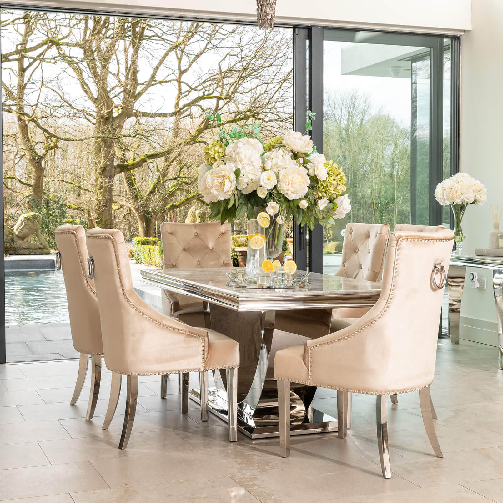 Denver 1.8m Grey Marble Dining Table with 4 or 6 Cheshire Chairs Champagne - The Outlet Home