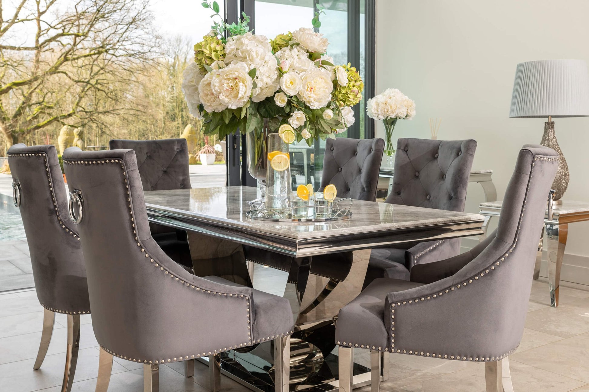 Denver 1.8m Grey Marble Dining Table with 4 or 6 Cheshire Chairs Dark Grey - The Outlet Home