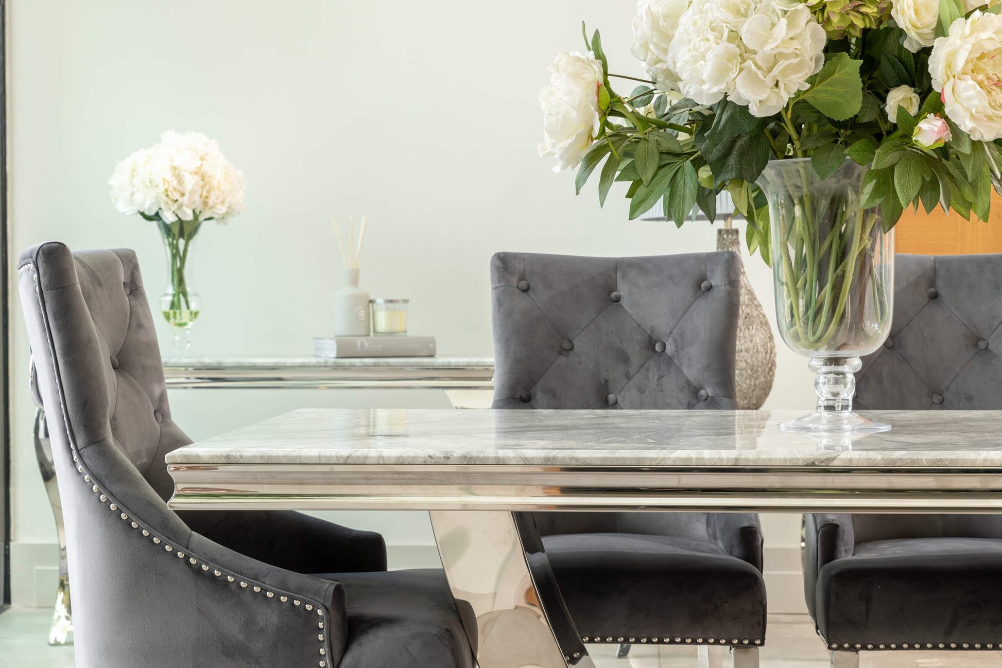 Denver 1.8m Grey Marble Dining Table with 4 or 6 Cheshire Chairs Dark Grey - The Outlet Home