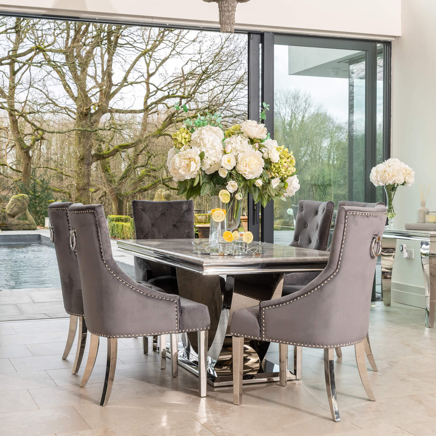 Denver 1.8m Grey Marble Dining Table with 4 or 6 Cheshire Chairs Dark Grey - The Outlet Home