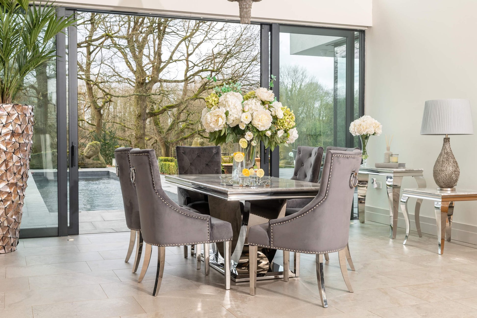 Denver 1.8m Grey Marble Dining Table with 4 or 6 Cheshire Chairs Dark Grey - The Outlet Home