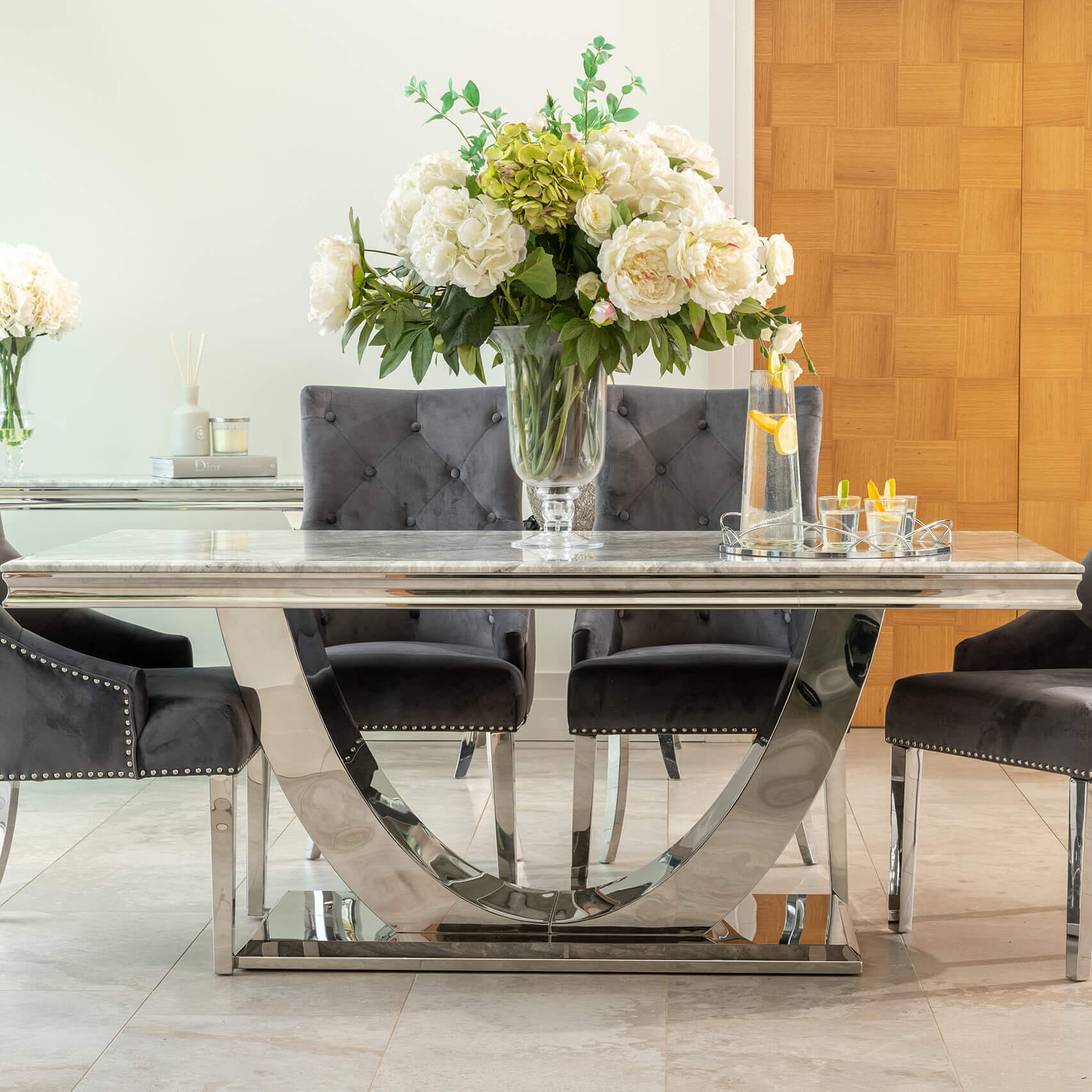 Denver 1.8m Grey Marble Dining Table with 4 or 6 Cheshire Chairs Dark Grey - The Outlet Home