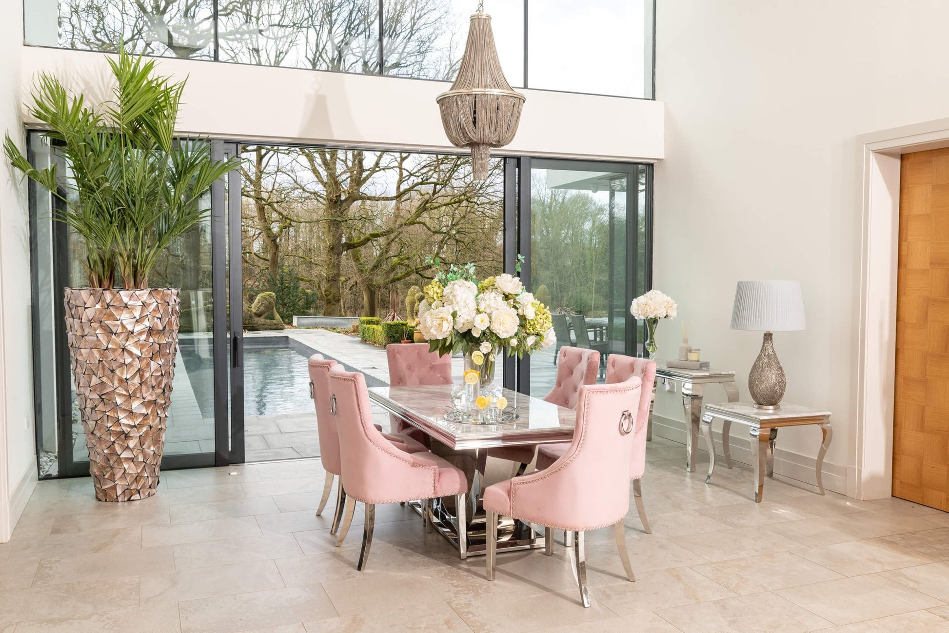 Denver 1.8m Grey Marble Dining Table with 4 or 6 Cheshire Chairs Pink - The Outlet Home