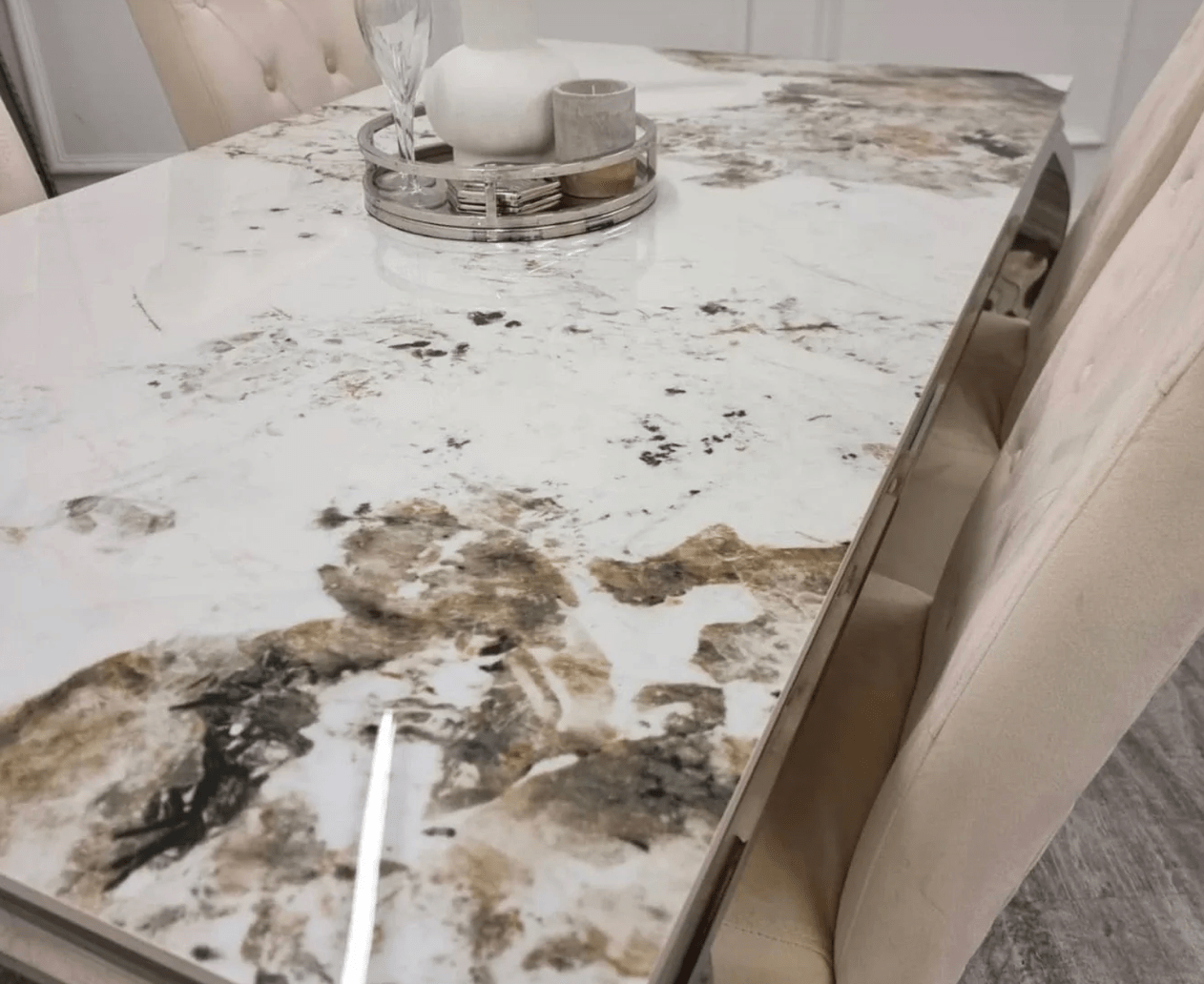 Denver 1.8m Grey Marble Dining Table with 4 or 6 Cheshire Chairs Pink - The Outlet Home