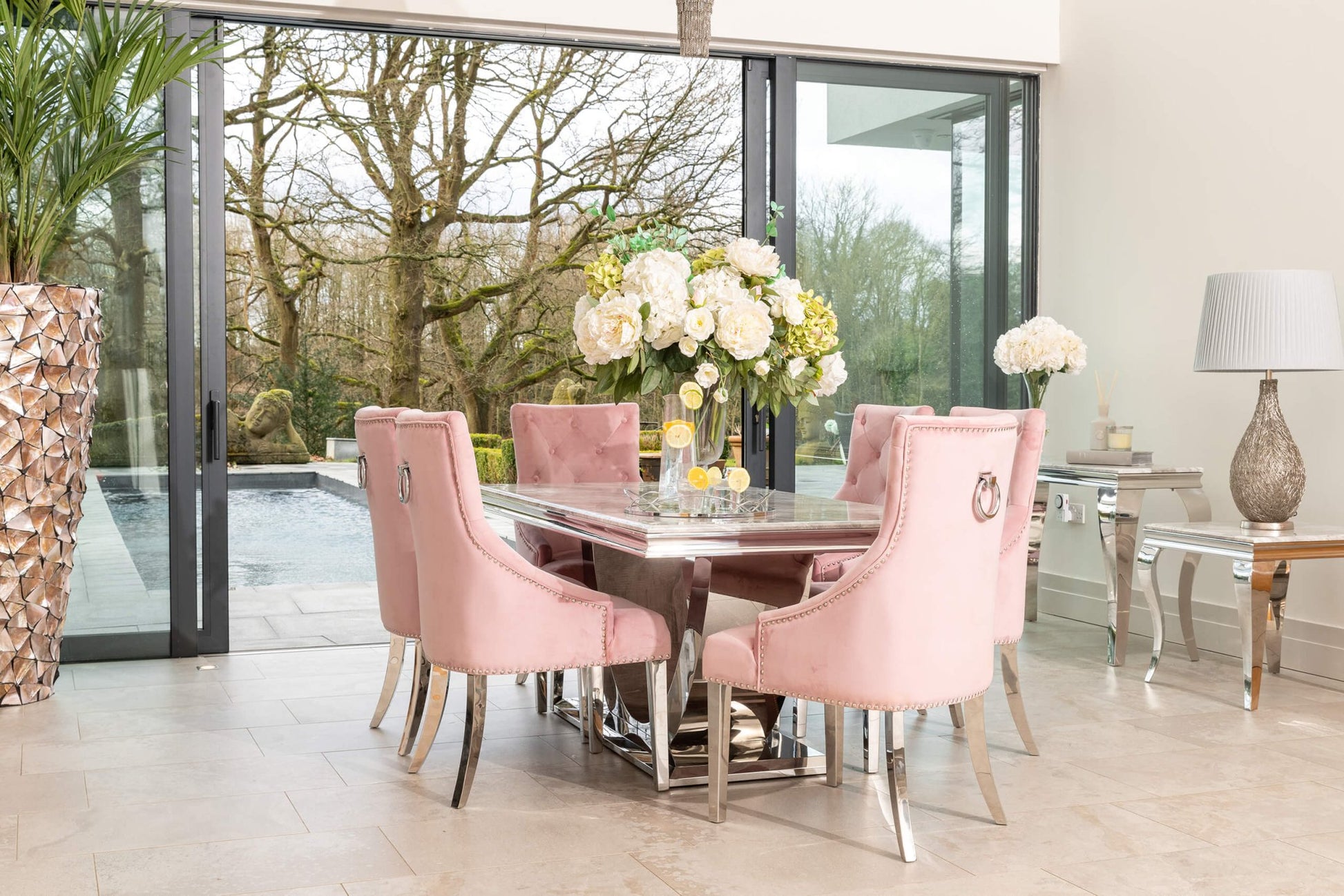 Denver 1.8m Grey Marble Dining Table with 4 or 6 Cheshire Chairs Pink - The Outlet Home