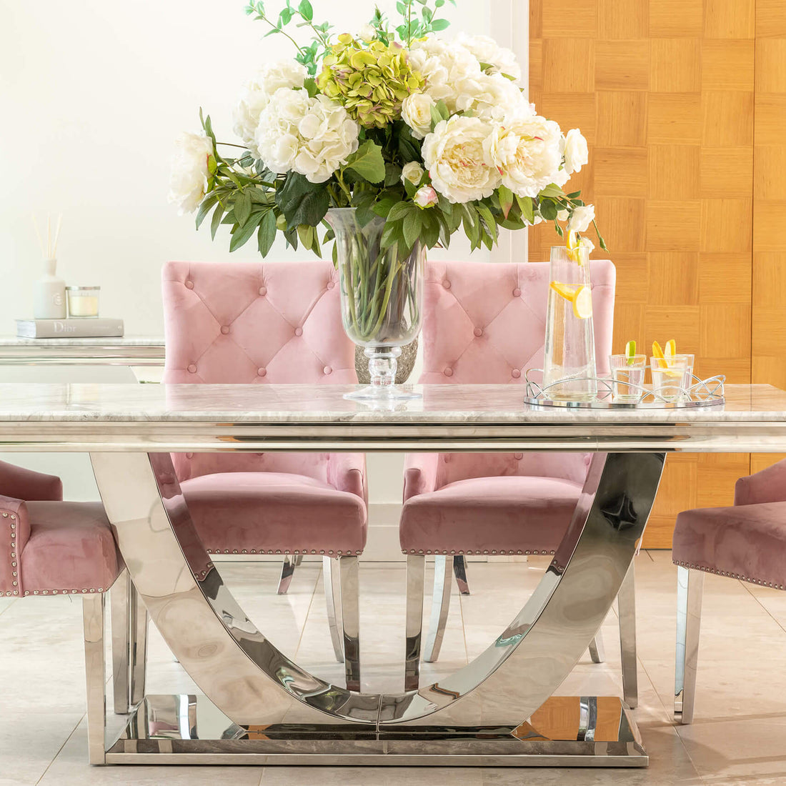 Denver 1.8m Grey Marble Dining Table with 4 or 6 Cheshire Chairs Pink - The Outlet Home