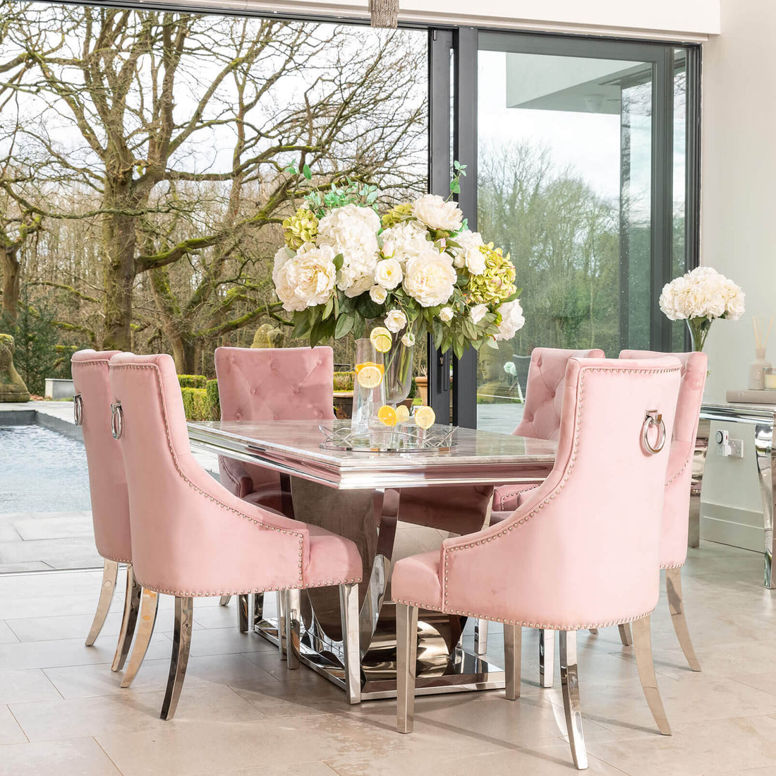 Denver 1.8m Grey Marble Dining Table with 4 or 6 Cheshire Chairs Pink - The Outlet Home