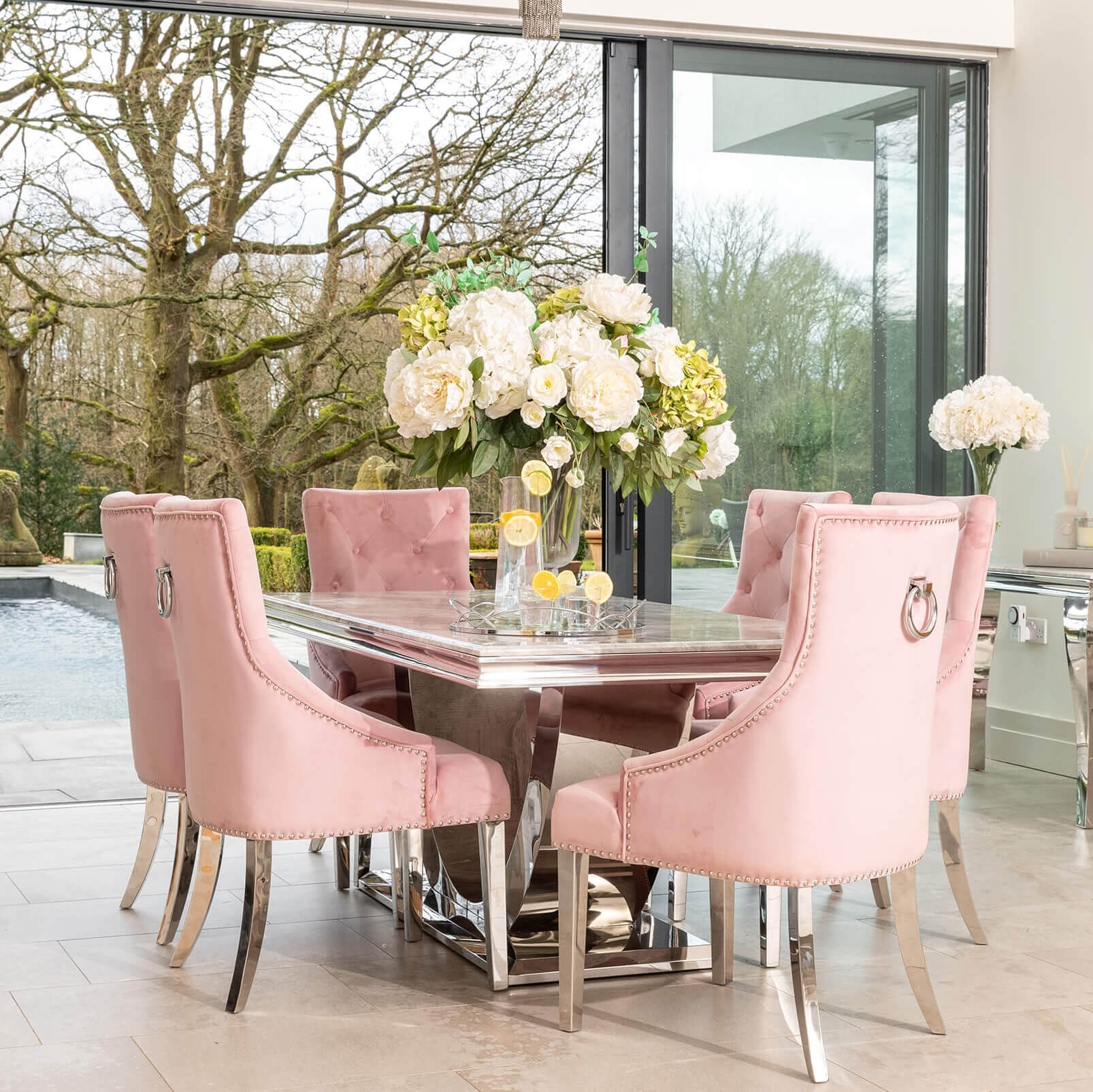 Denver 1.8m Grey Marble Dining Table with 4 or 6 Cheshire Chairs Pink - The Outlet Home