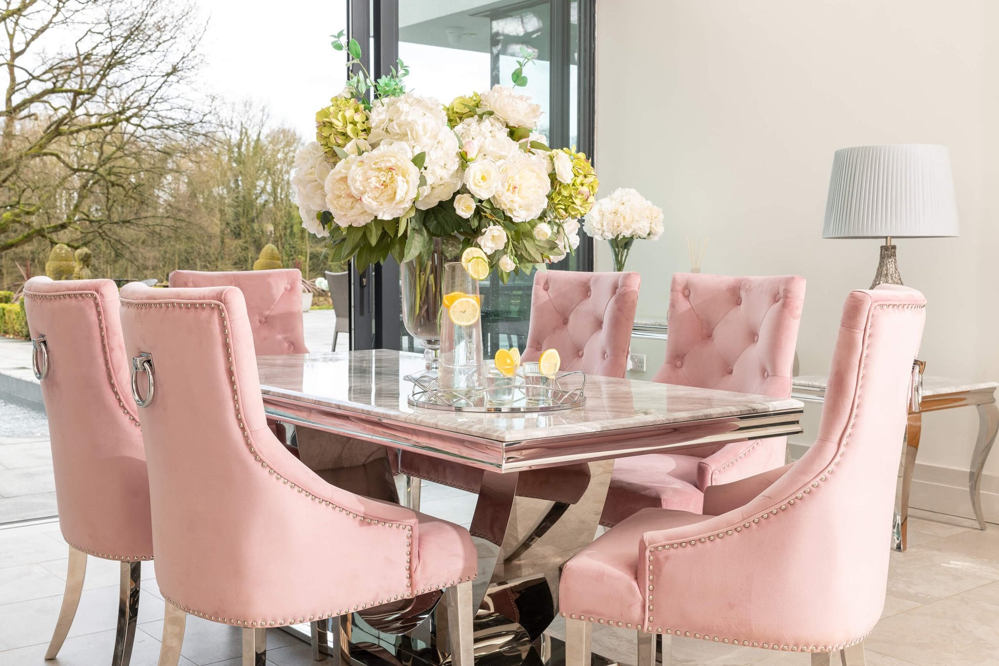 Denver 1.8m Grey Marble Dining Table with 4 or 6 Cheshire Chairs Pink - The Outlet Home