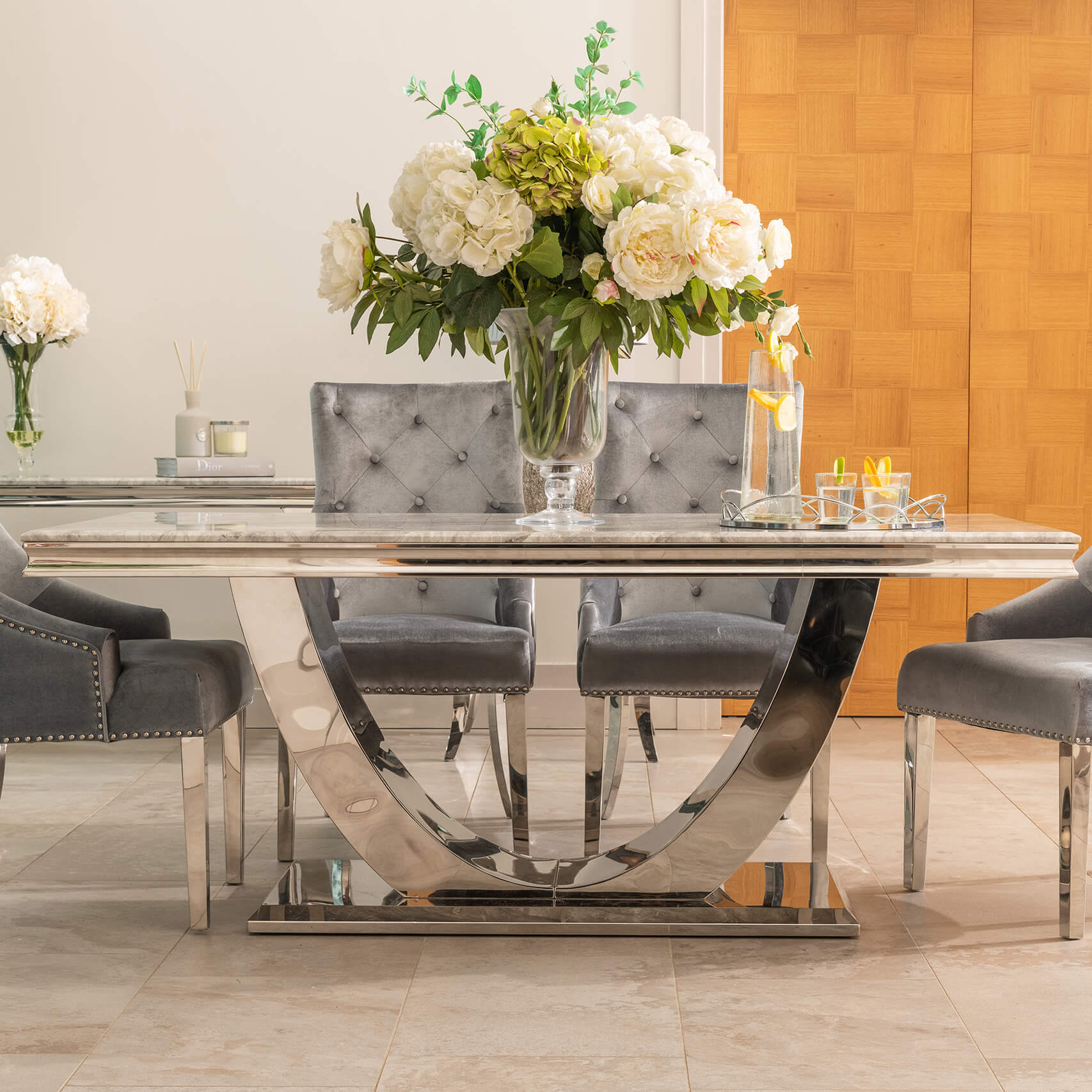 Denver 1.8m Grey Marble Dining Table with 4 or 6 Cheshire Chairs Silver Grey - The Outlet Home
