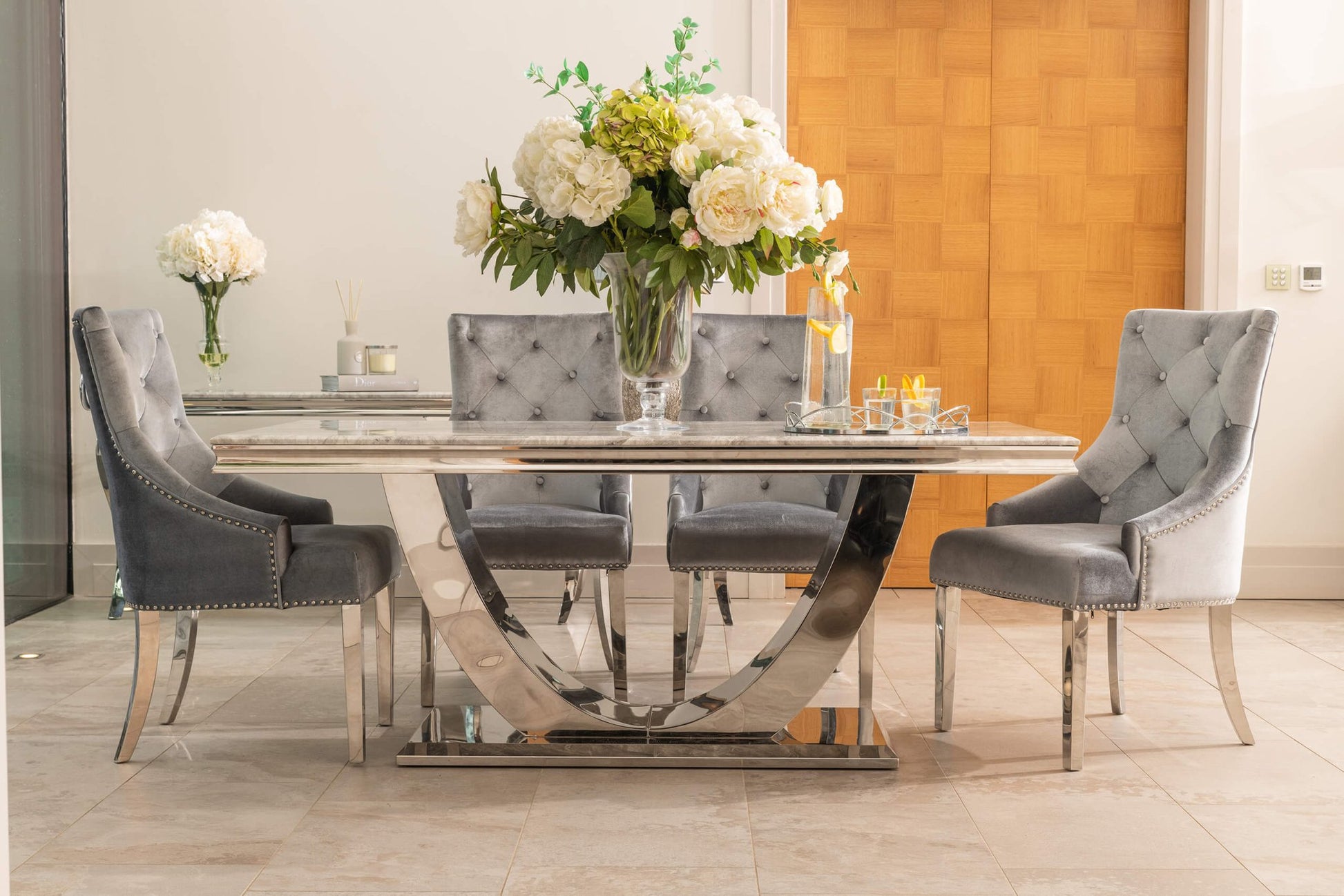 Denver 1.8m Grey Marble Dining Table with 4 or 6 Cheshire Chairs Silver Grey - The Outlet Home