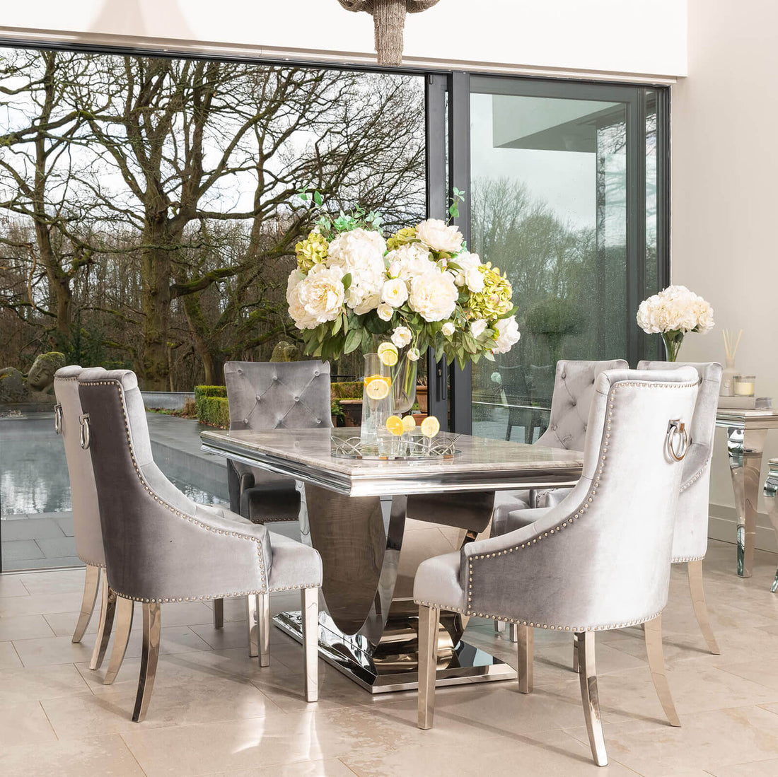 Denver 1.8m Grey Marble Dining Table with 4 or 6 Cheshire Chairs Silver Grey - The Outlet Home