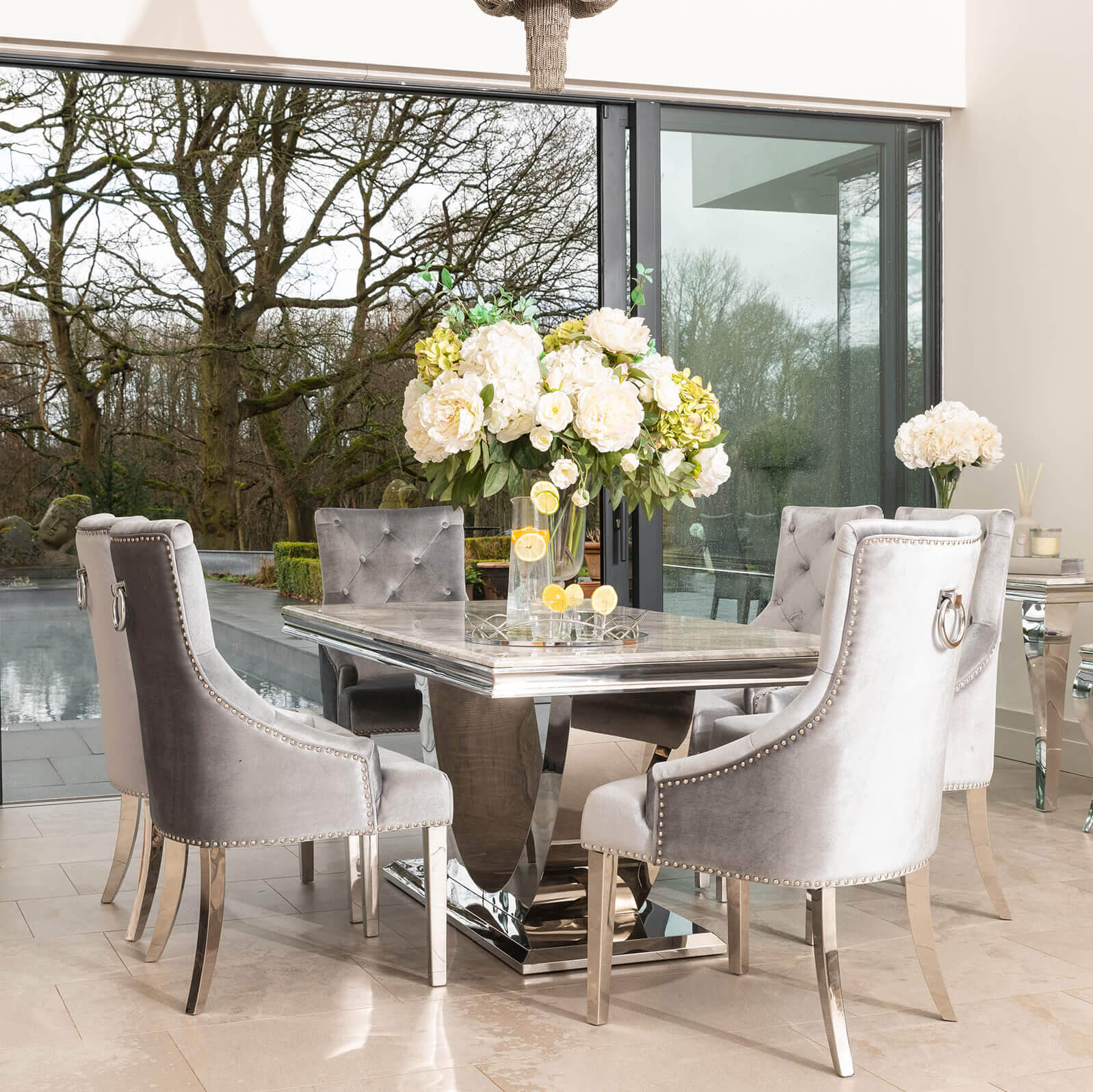 Denver 1.8m Grey Marble Dining Table with 4 or 6 Cheshire Chairs Silver Grey - The Outlet Home