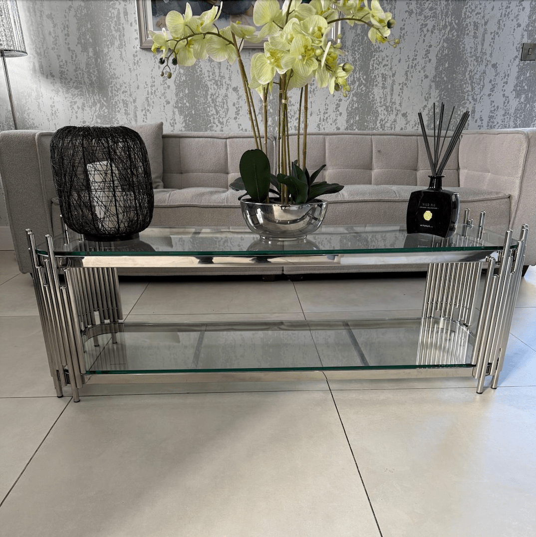 Empire Coffee Table / TV Stand Stainless Steel and Glass - The Outlet Home