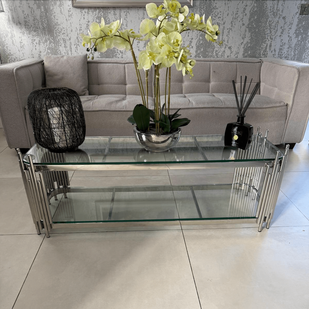 Empire Coffee Table / TV Stand Stainless Steel and Glass - The Outlet Home