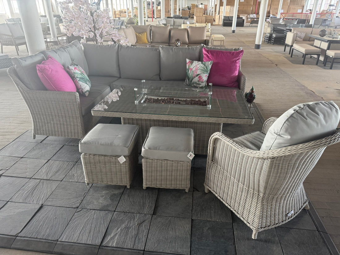 Ex Display Antigua Corner Sofa Set with Rising Fire Pit Table with Chair - The Outlet Home