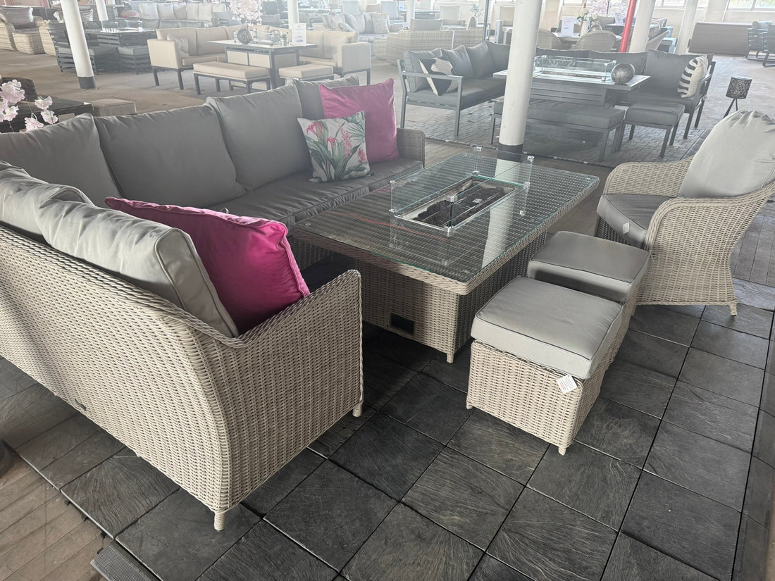 Ex Display Antigua Corner Sofa Set with Rising Fire Pit Table with Chair - The Outlet Home