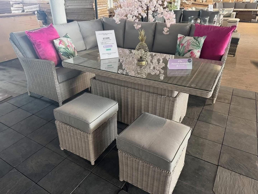 Ex Display Antigua Corner Sofa Set with Rising Table, Stools & Stools - The Outlet Home
