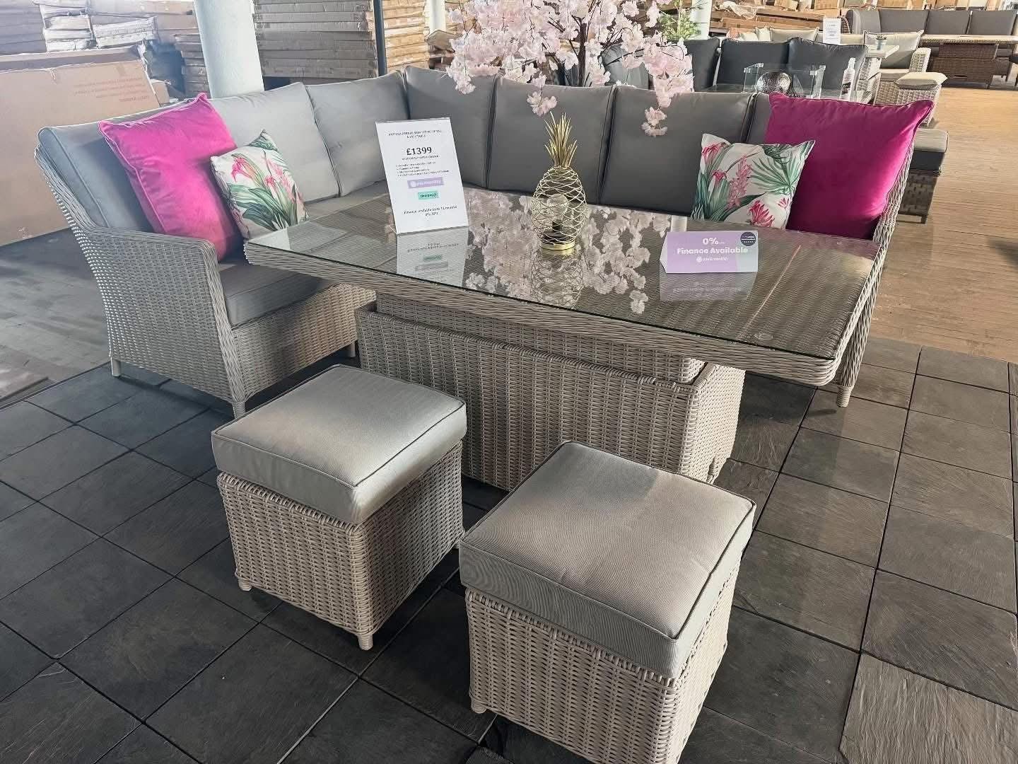 Ex Display Antigua Corner Sofa Set with Rising Table, Stools & Stools - The Outlet Home