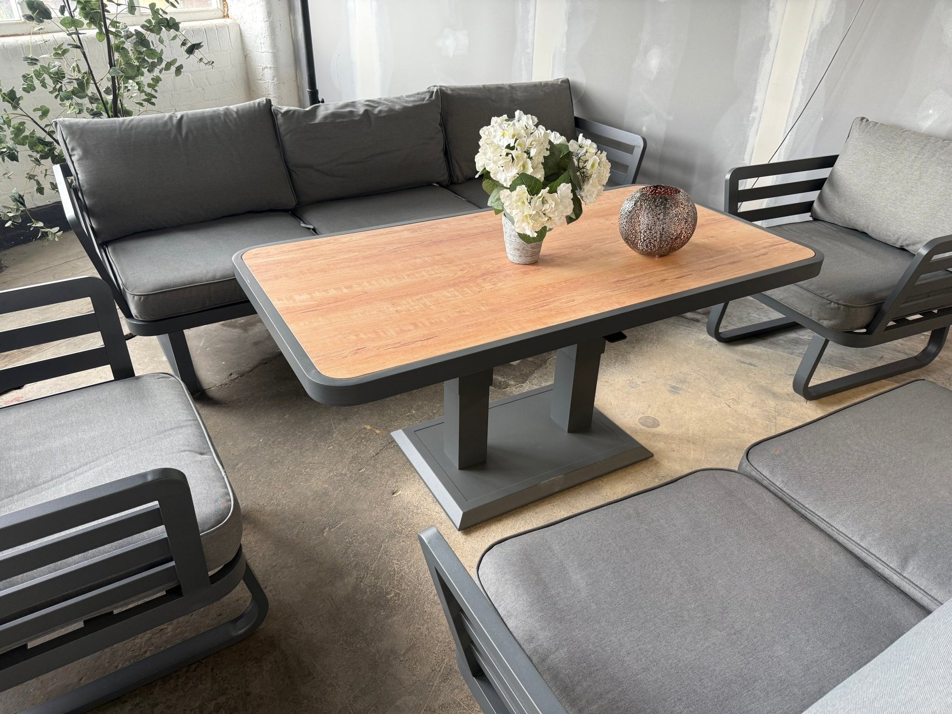 Ex Display Helsinki Luxury Aluminium Sofa Set with Rise and Fall Ceramic Dining Table - The Outlet Home