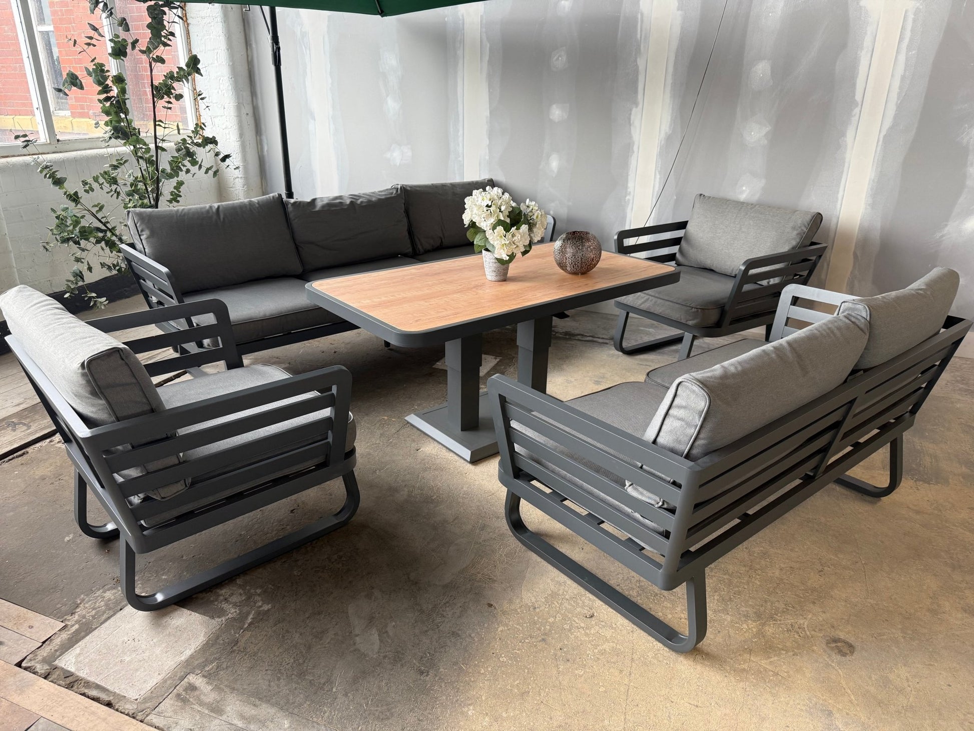 Ex Display Helsinki Luxury Aluminium Sofa Set with Rise and Fall Ceramic Dining Table - The Outlet Home