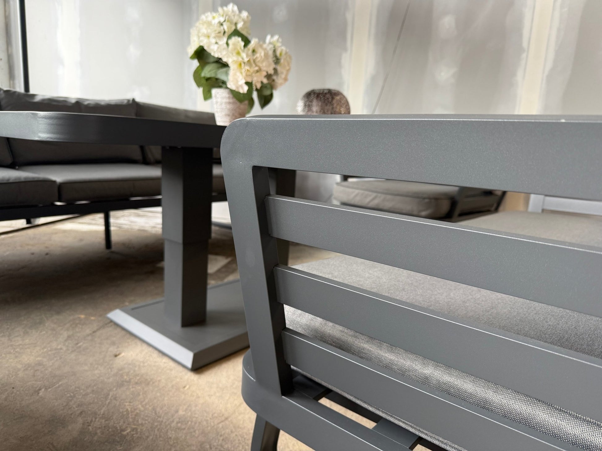 Ex Display Helsinki Luxury Aluminium Sofa Set with Rise and Fall Ceramic Dining Table - The Outlet Home