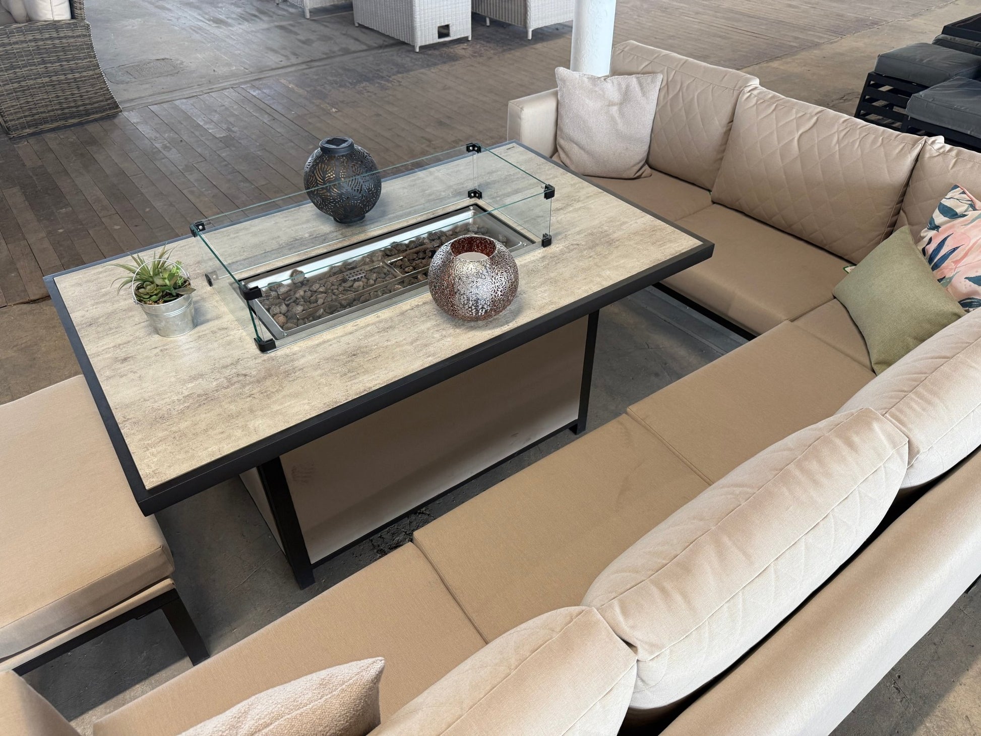 Ex Display Porto Aluminium Corner Sofa with Ceramic Fire Pit Dining Table in Beige - The Outlet Home