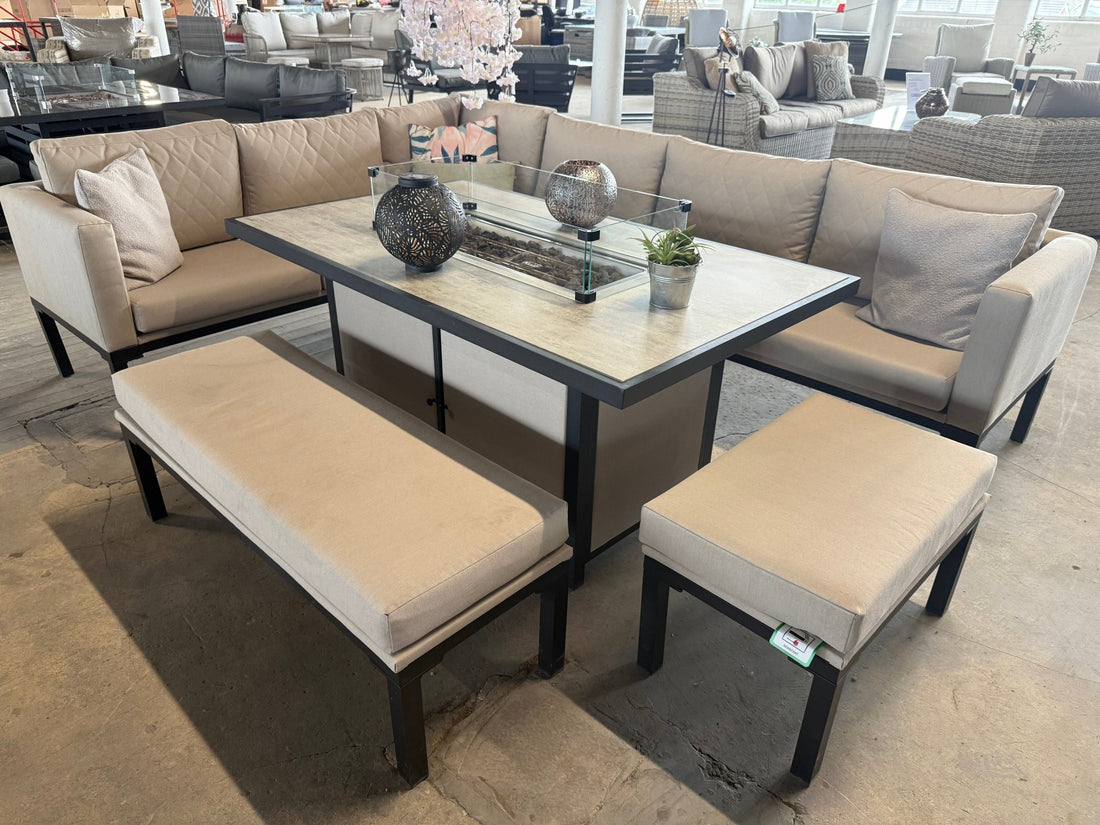 Ex Display Porto Aluminium Corner Sofa with Ceramic Fire Pit Dining Table in Beige - The Outlet Home