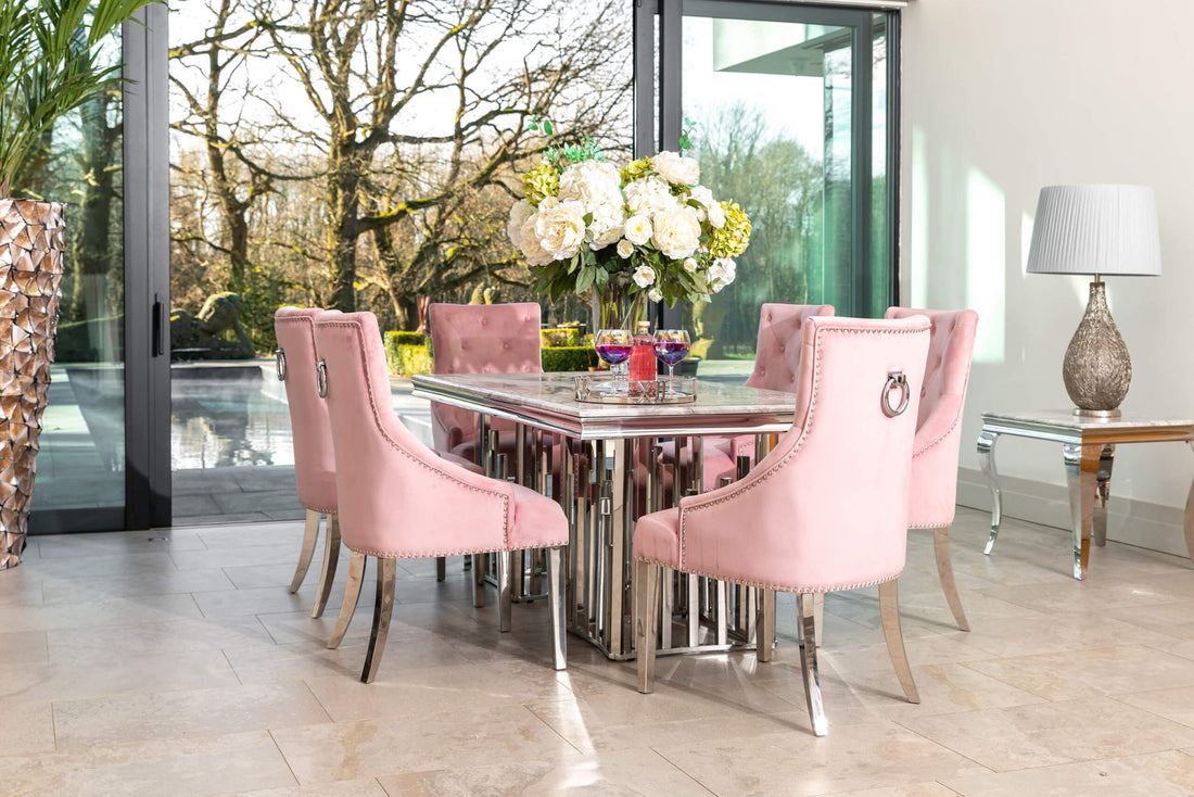 Fleur 1.8 Dining Table Table with 4 or 6 Duke Pink Dining Chairs - The Outlet Home