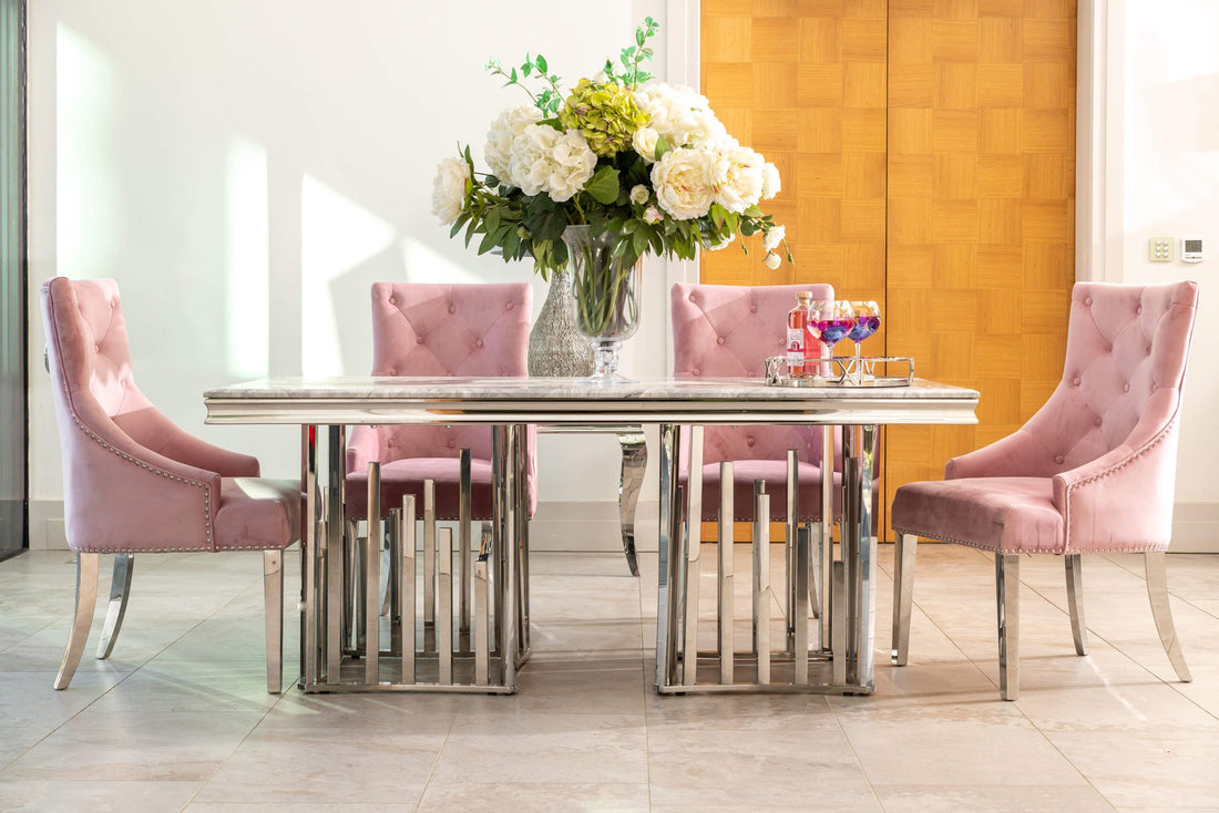 Fleur 1.8 Dining Table Table with 4 or 6 Duke Pink Dining Chairs - The Outlet Home