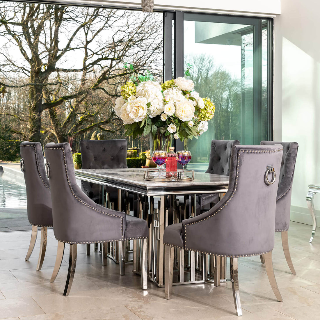 Fleur 1.8 Dining Table Table with 4 or 6 Jessica Grey Dining Chairs - The Outlet Home