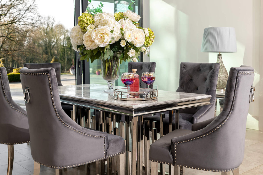 Fleur 1.8 Dining Table Table with 4 or 6 Jessica Grey Dining Chairs - The Outlet Home