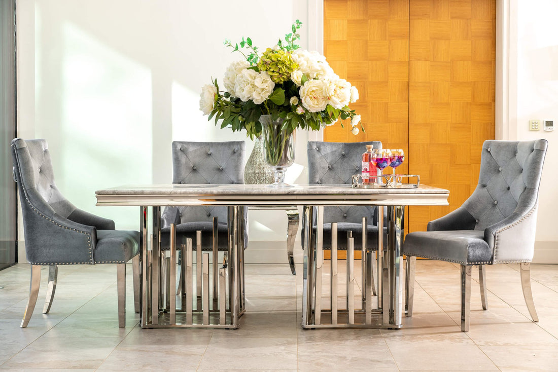 Fleur 1.8 Dining Table Table with 4 or 6 Jessica Silver Dining Chairs - The Outlet Home