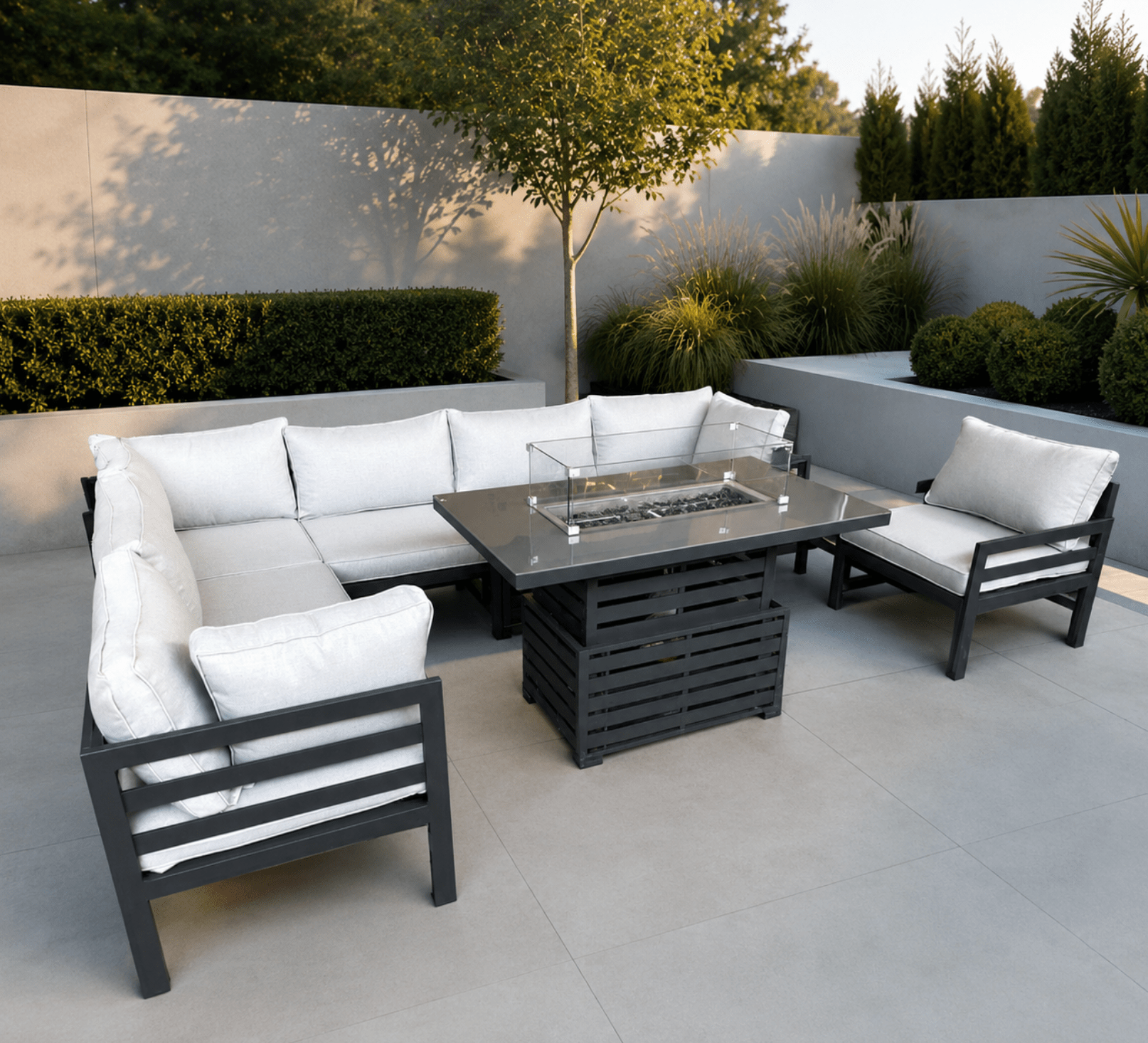 Galveston Modular Corner Sofa Set with Rise and Fall Firepit Table and Armchair - The Outlet Home
