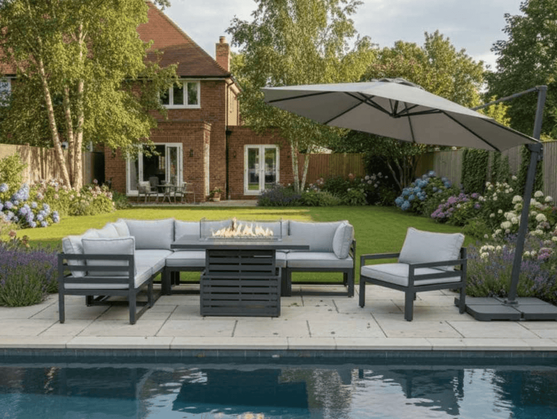 Galveston Modular Corner Sofa Set with Rise and Fall Firepit Table and Armchair - The Outlet Home