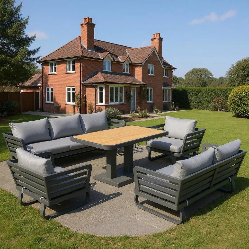 Helsinki Luxury Aluminium Sofa Set with Rise and Fall Ceramic Dining Table - The Outlet Home