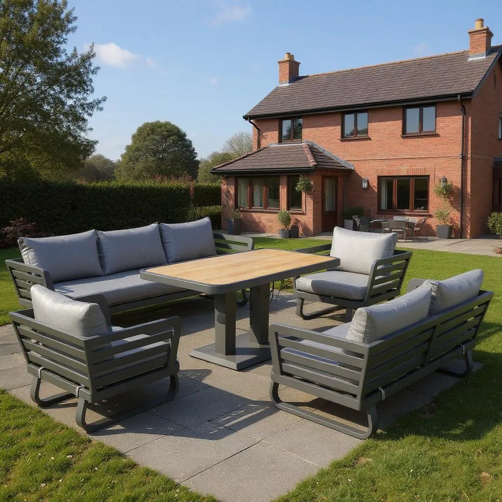 Helsinki Luxury Aluminium Sofa Set with Rise and Fall Ceramic Dining Table - The Outlet Home