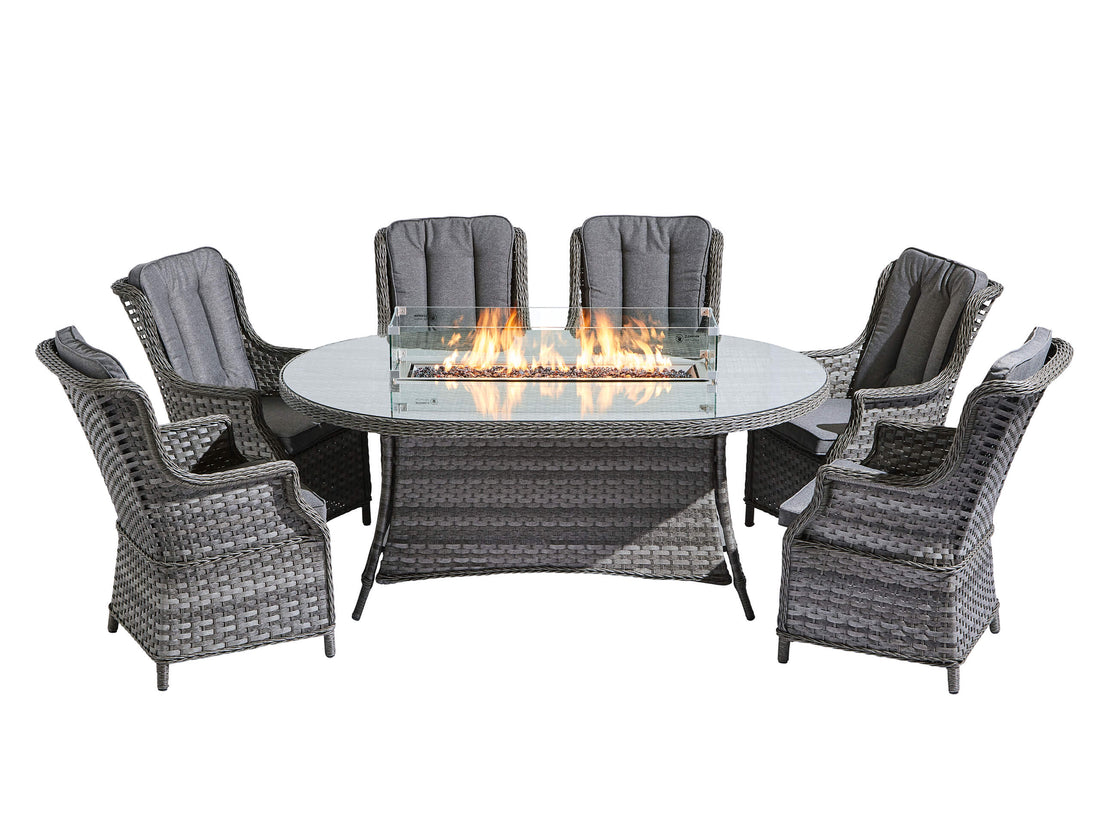 St Tropez 6 Seat Oval Fire Pit Dining Set - INCLUDES FREE PARASOL WITH WEIGHTS AND FREE COVER!