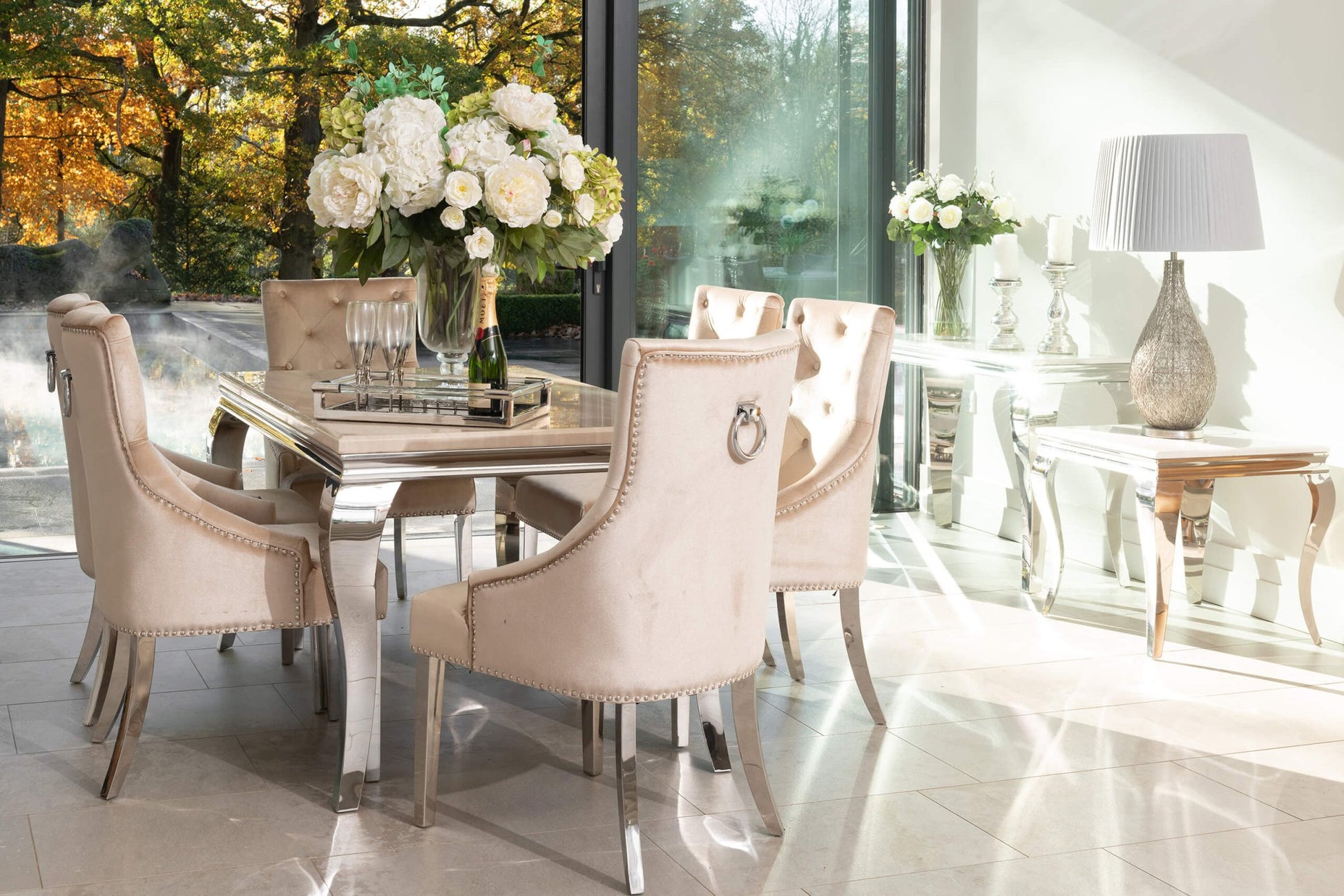 Louis 1.5 Cream Marble Dining Table with 4 or 6 Champagne Jessica Chairs - FREE CREAM LOUIS LAMP TABLE OFFER - The Outlet Home