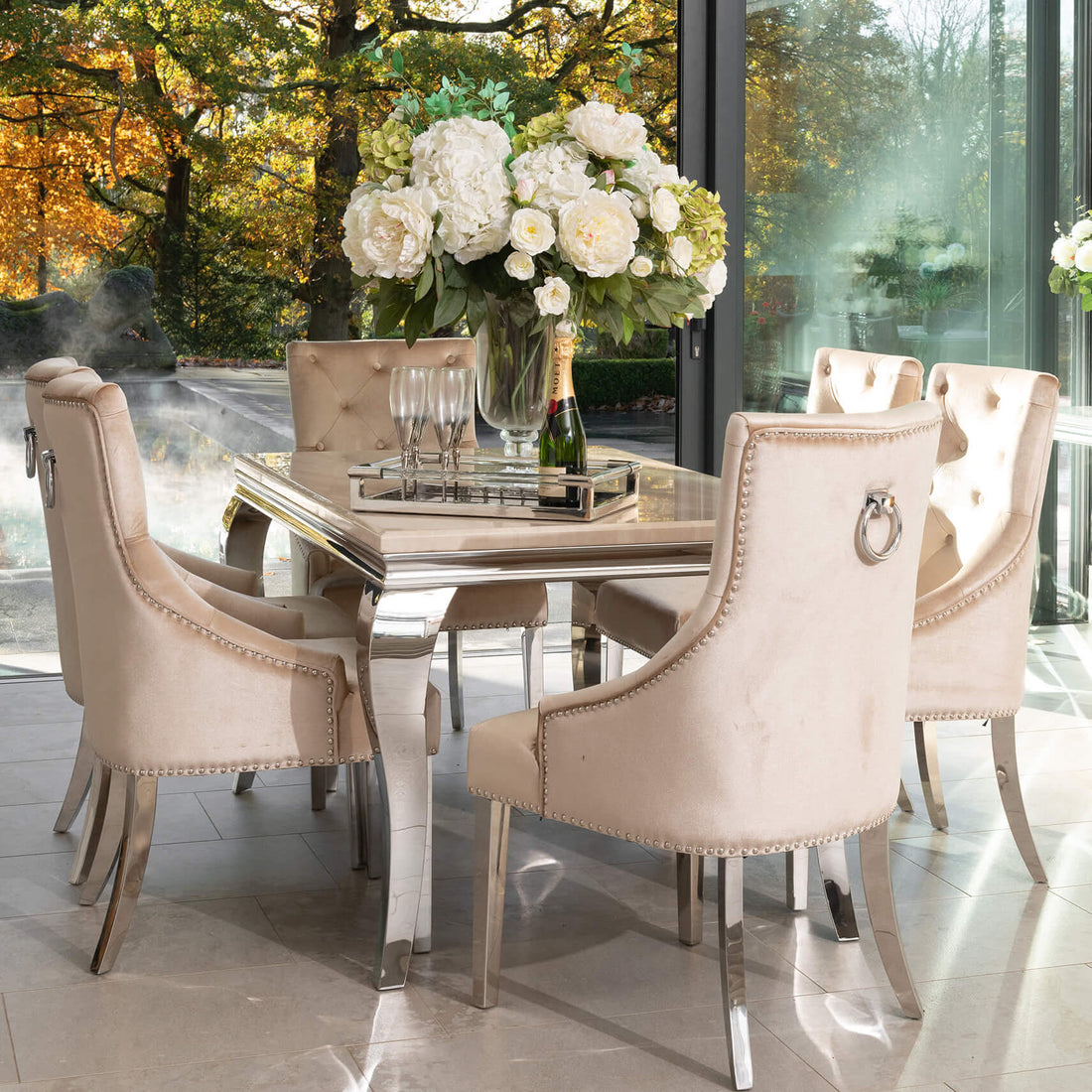 Louis 1.5 Cream Marble Dining Table with 4 or 6 Champagne Jessica Chairs - FREE CREAM LOUIS LAMP TABLE OFFER - The Outlet Home