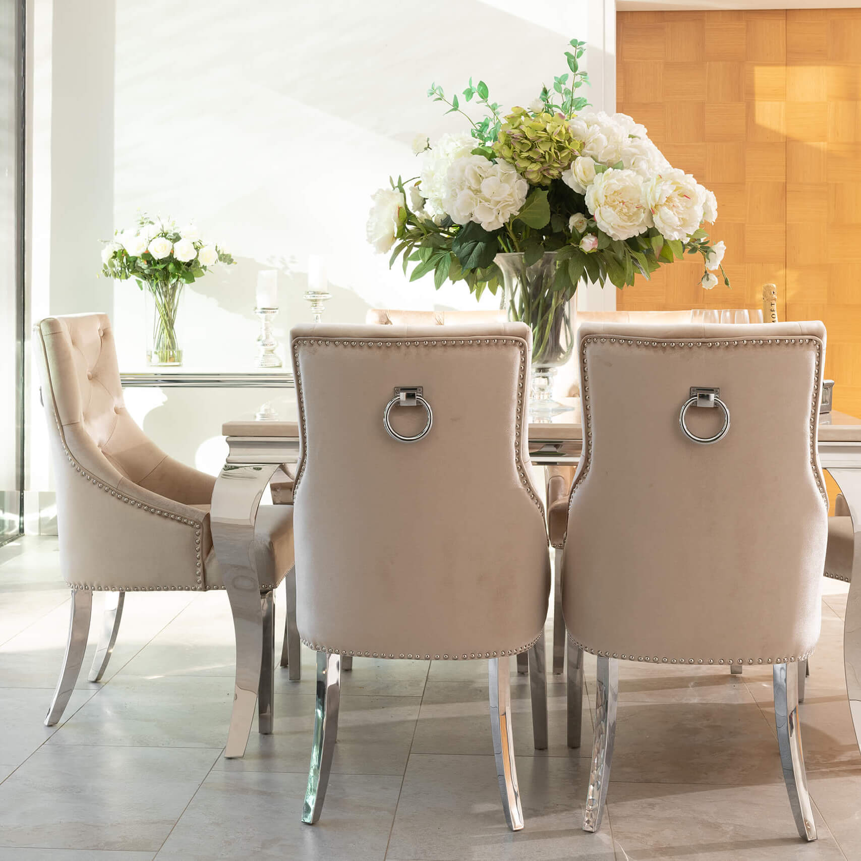 Louis 1.5 Cream Marble Dining Table with 4 or 6 Champagne Jessica Chairs - FREE CREAM LOUIS LAMP TABLE OFFER - The Outlet Home
