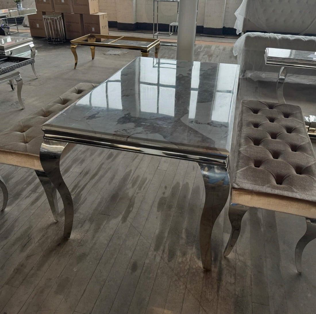 Louis 1.5m Pandora Marble Dining Table with 2 Champagne Benches - The Outlet Home