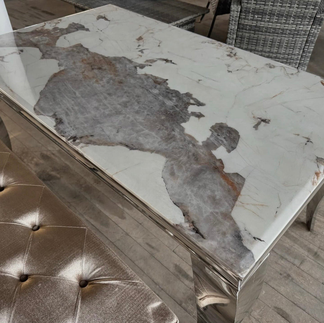 Louis 1.5m Pandora Marble Dining Table with 2 Champagne Benches - The Outlet Home